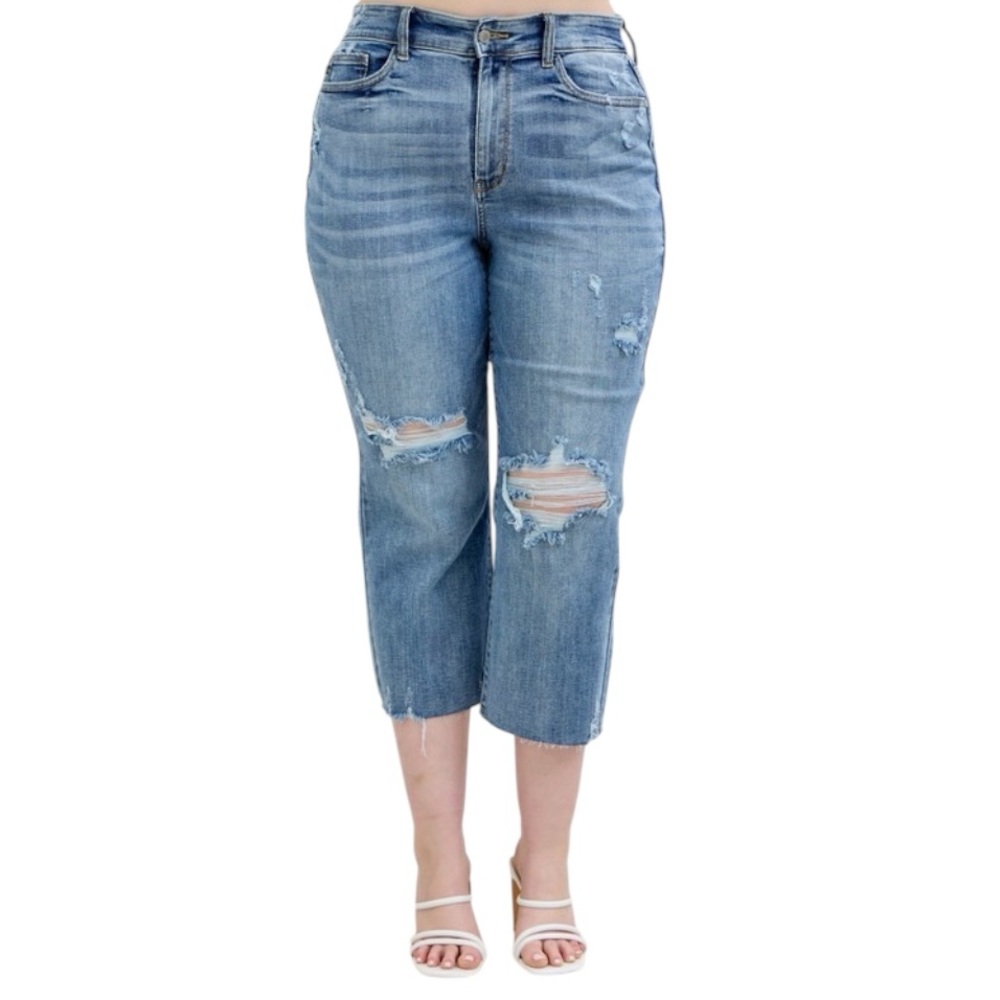 Judy Blue Full Size High Waist Destroy Crop Wide Leg Jeans Plus Size - Picture 14 of 16
